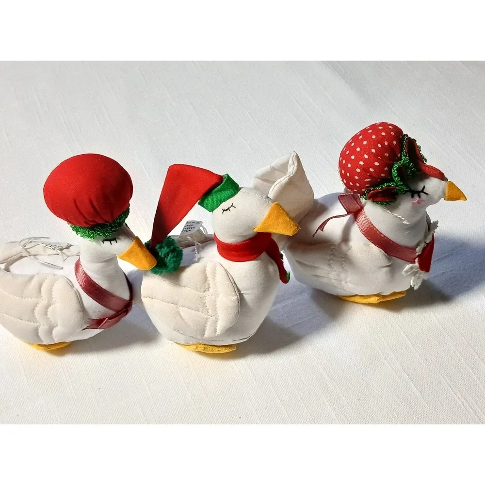 VTG 80s Country Geese Fabric Handmade Christmas Ornaments Lot 3 Plush Stuffed